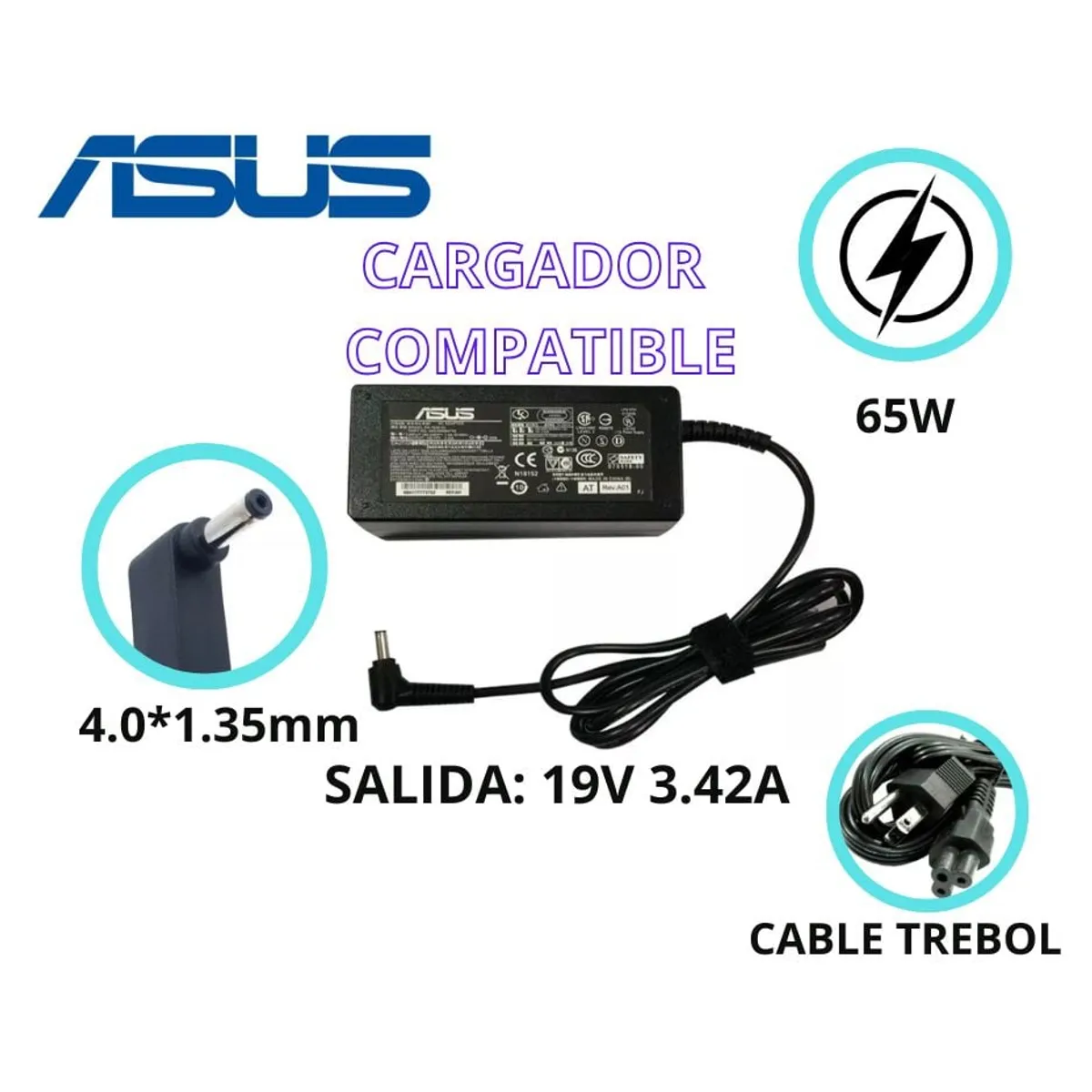 CARGADOR COMPATIBLE AS 19V 3.42A 4.0*1.35 RECTANGULAR