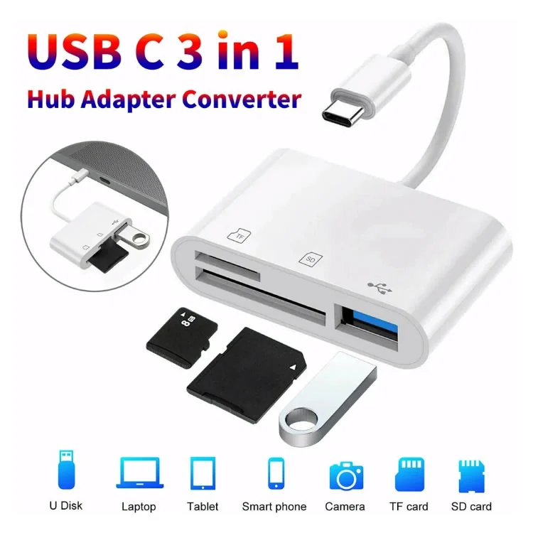 Adaptador 3 en 1 Tipo C a SD, TF, USB 3.0 COLOR BLANCO