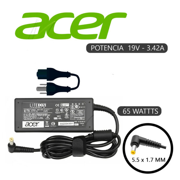Cargador para portátiles Acer, con punta amarilla gruesa, 19V 3.42A, potencia de 65W.