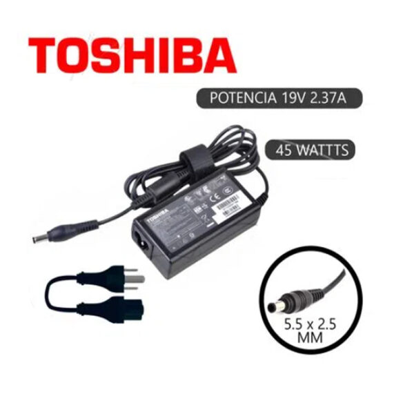 Fuente de alimentación compatible con laptops Toshiba, conector de 5.5 x 2.5 mm, 19V y 2.37A.