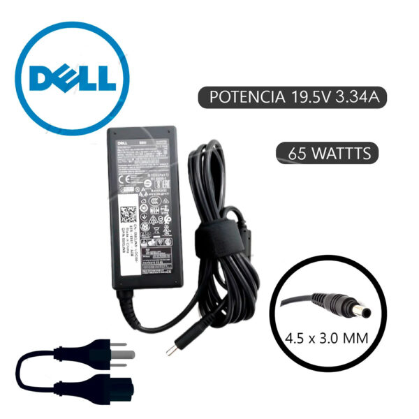 Cargador Dell de 65W con conector pequeño de 4.5x3.0 mm, salida de 19.5V 3.34A.
