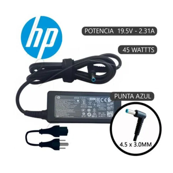 Fuente compatible para laptops HP con punta azul, salida de 19.5V 2.31A, ideal para modelos ligeros.