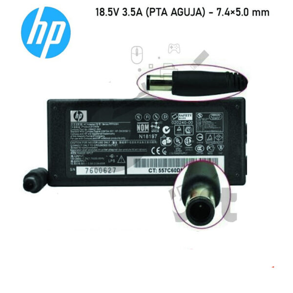 Cargador HP compatible con salida de 18.5V y 3.5A, conector de 7.4×5.0 mm, ideal para equipos antiguos.
