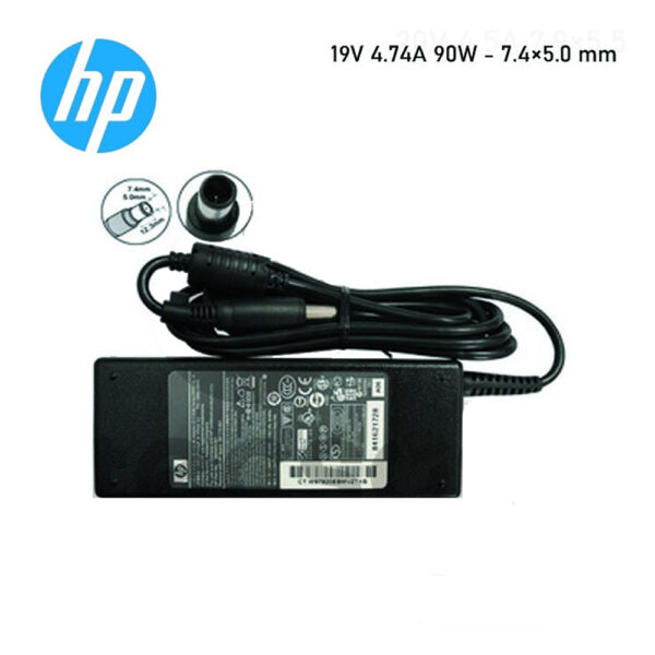 Cargador compatible para laptops HP, potencia de 90W, conector de 7.4×5.0 mm tipo aguja, entrada de 19V 4.74A.
