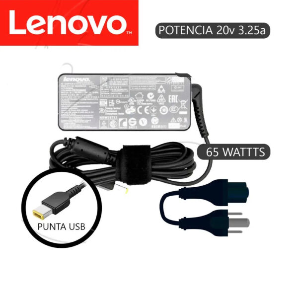 Cargador compatible Lenovo con conector USB cuadrado color amarillo, voltaje 20V y potencia de 65W.