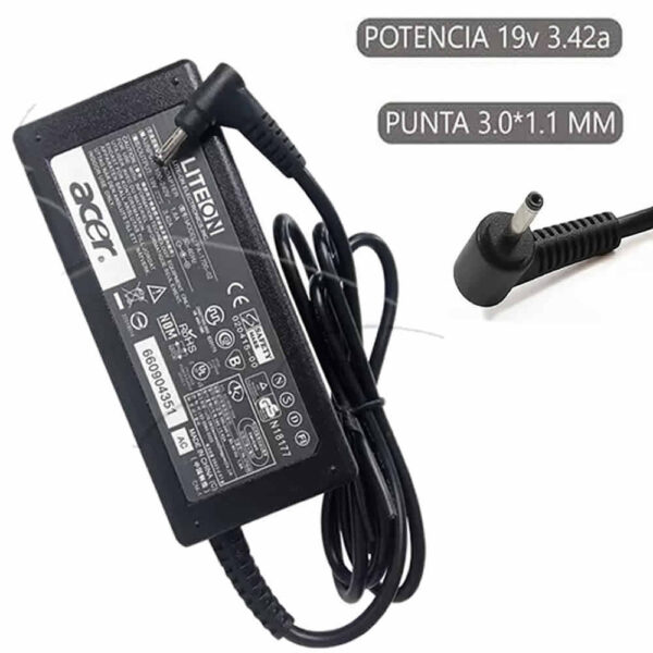 Cargador compatible para portátiles Acer, 19V, 2.37A, con punta fina de 3.0x1.1 mm, potencia de 45W.