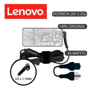 Adaptador de corriente Lenovo con punta fina, voltaje de 20V, corriente 2.25A y potencia de 45W.