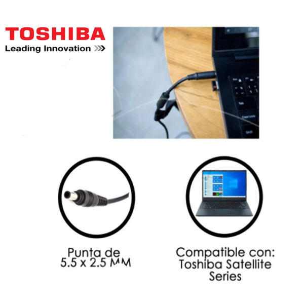 Fuente de alimentación compatible con laptops Toshiba, conector de 5.5 x 2.5 mm, 19V y 2.37A.
