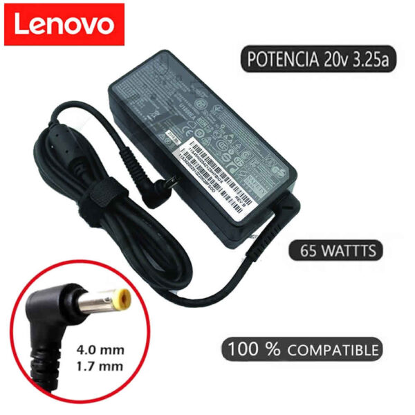 Cargador para notebooks Lenovo con conector delgado, 20V 3.25A, ideal para equipos de oficina y hogar.