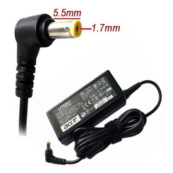 Cargador para portátiles Acer, con punta amarilla gruesa, 19V 3.42A, potencia de 65W.