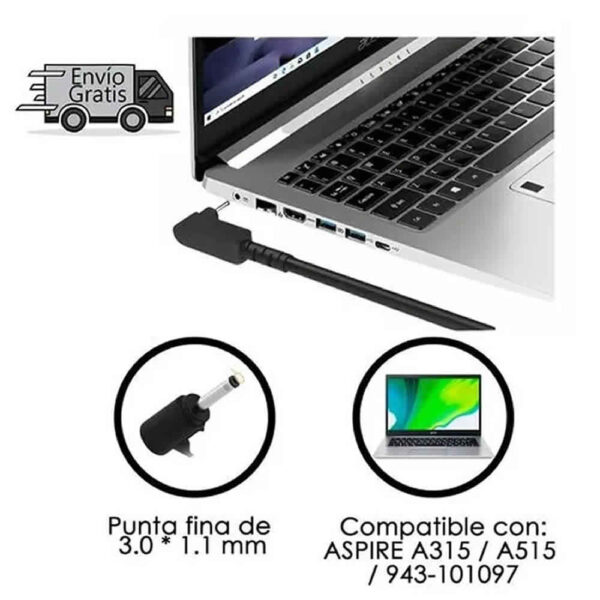Cargador compatible para portátiles Acer, 19V, 2.37A, con punta fina de 3.0x1.1 mm, potencia de 45W.