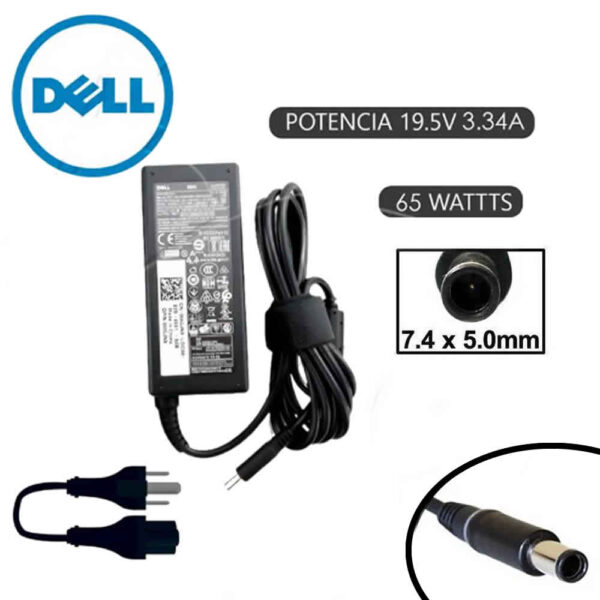 Fuente de alimentación compatible para laptops Dell, 19.5V, 3.34A, 65W, con conector de 7.4×5.0 mm.