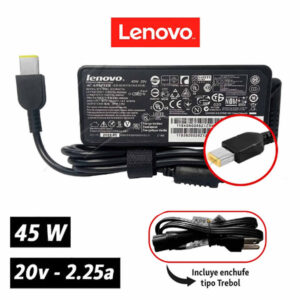 Adaptador de corriente Lenovo con conector USB cuadrado amarillo, salida de 20V 2.25A y potencia de 45W.