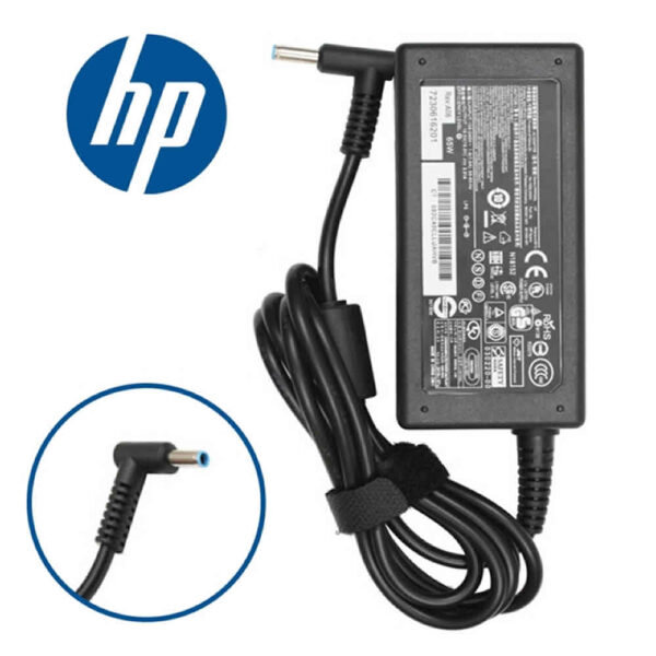 Fuente compatible para laptops HP con punta azul, salida de 19.5V 2.31A, ideal para modelos ligeros.