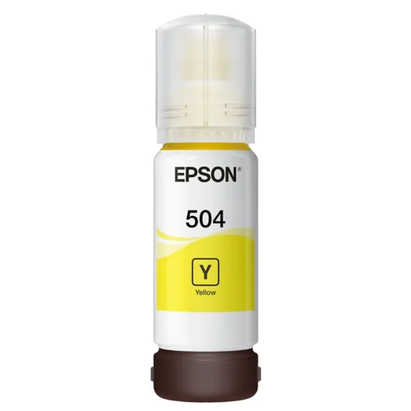 Botella de tinta Epson T504 color amarillo, ideal para impresoras EcoTank, ofrece impresiones vibrantes y de larga duración.