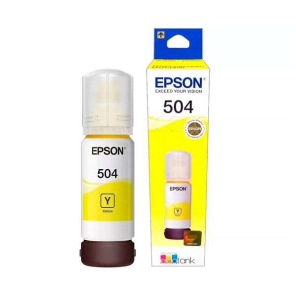 Botella de tinta Epson T504 color amarillo, ideal para impresoras EcoTank, ofrece impresiones vibrantes y de larga duración.