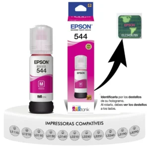 Botella de tinta Epson T544 magenta de 70 ml, calidad profesional para impresiones nítidas y colores intensos.
