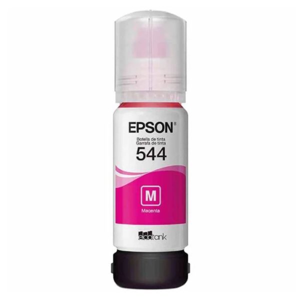 Botella de tinta Epson T544 magenta de 70 ml, calidad profesional para impresiones nítidas y colores intensos.