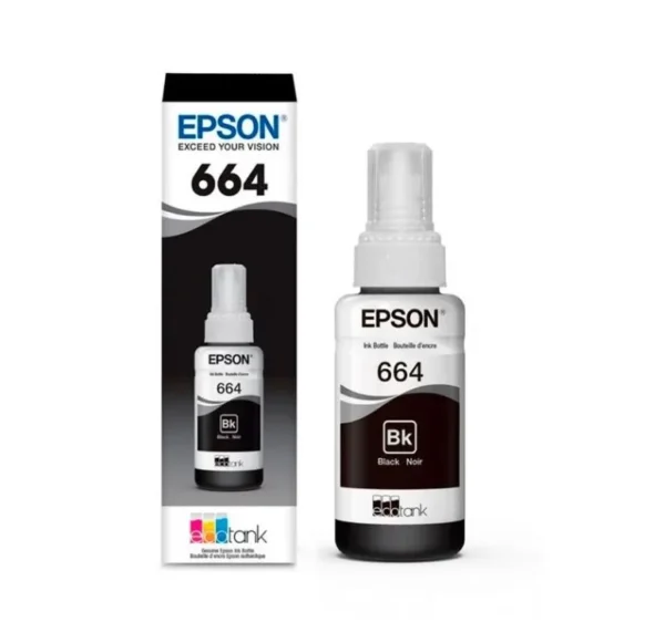 Tinta negra Epson T664, ideal para impresiones nítidas en documentos y textos de alta definición.