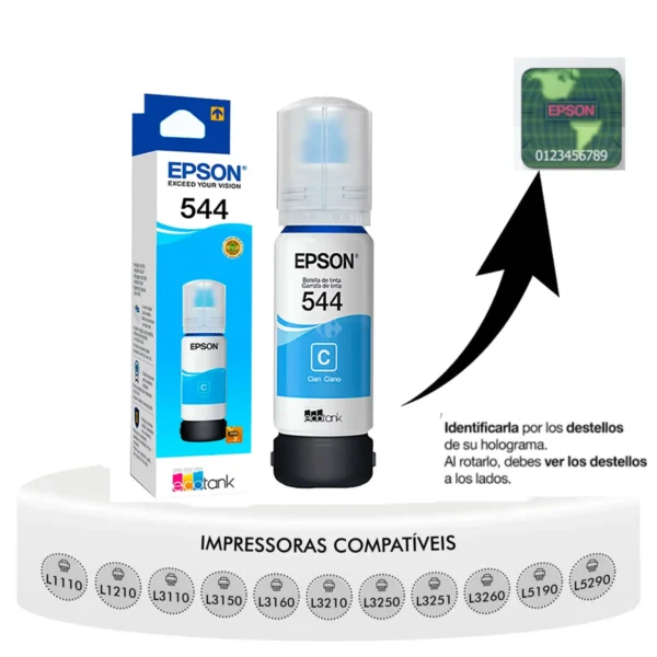 Tinta Epson T544 cyan de 70 ml, perfecta para lograr imágenes con tonos vivos y alta definición.