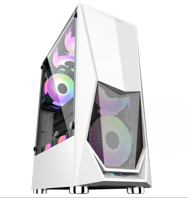 Case blanco 1stPlayer DK-3 con iluminación RGB, diseño moderno y amplio para ensamblajes personalizados.