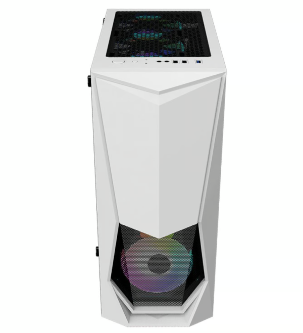 Case blanco 1stPlayer DK-3 con iluminación RGB, diseño moderno y amplio para ensamblajes personalizados.