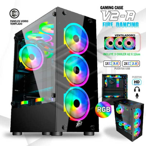 Case gamer 1stPlayer V2-A negro con iluminación LED RGB y 3 ventiladores incluidos, sin fuente de poder.