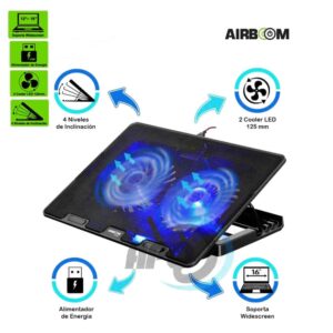 Base refrigerante Polaris AB003 con dos ventiladores, diseño ergonómico para laptops, mejora la ventilación y el rendimiento.