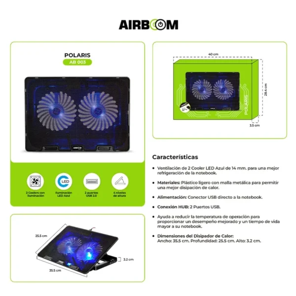 Base refrigerante Polaris AB003 con dos ventiladores, diseño ergonómico para laptops, mejora la ventilación y el rendimiento.
