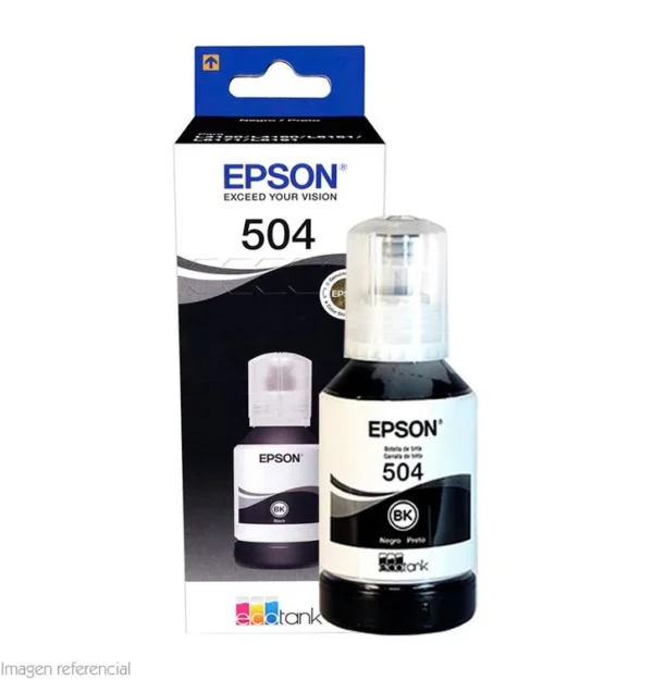 Tinta original Epson T504120-AL en color negro, compatible con modelos L4150 y L14150, rendimiento de impresión eficiente.