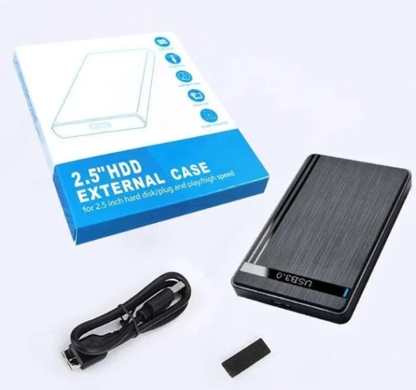 Carcasa externa para disco duro o SSD de 2.5 pulgadas con conexión USB 3.0 y soporte para unidades SATA.