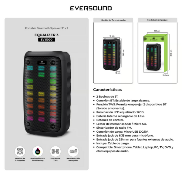 Parlante Eversound EV5000 Equalizer 3 con controles de sonido y diseño profesional para eventos y presentaciones.