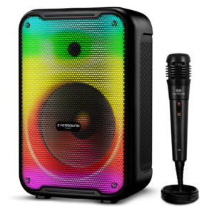 Parlante Eversound EV3003 de 8 pulgadas con luces LED, Bluetooth, radio FM y sonido potente para fiestas.