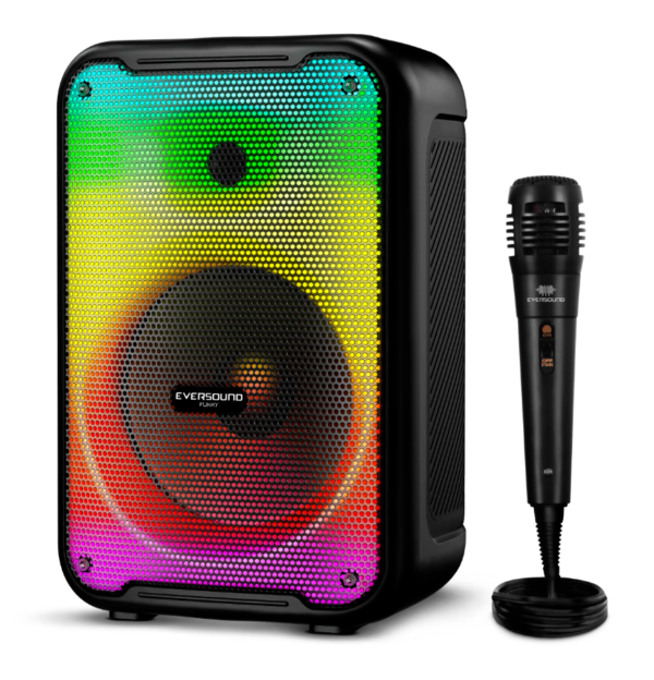 Parlante Eversound EV3003 de 8 pulgadas con luces LED, Bluetooth, radio FM y sonido potente para fiestas.