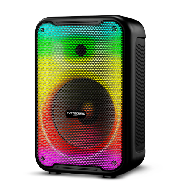 Parlante Eversound EV3003 de 8 pulgadas con luces LED, Bluetooth, radio FM y sonido potente para fiestas.