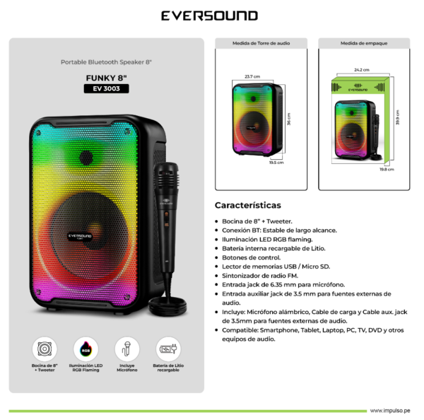 Parlante Eversound EV3003 de 8 pulgadas con luces LED, Bluetooth, radio FM y sonido potente para fiestas.