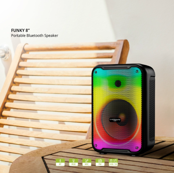 Parlante Eversound EV3003 de 8 pulgadas con luces LED, Bluetooth, radio FM y sonido potente para fiestas.