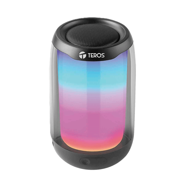 Parlante Bluetooth portátil Teros TE-6043N con sonido estéreo y batería recargable, ideal para uso móvil.