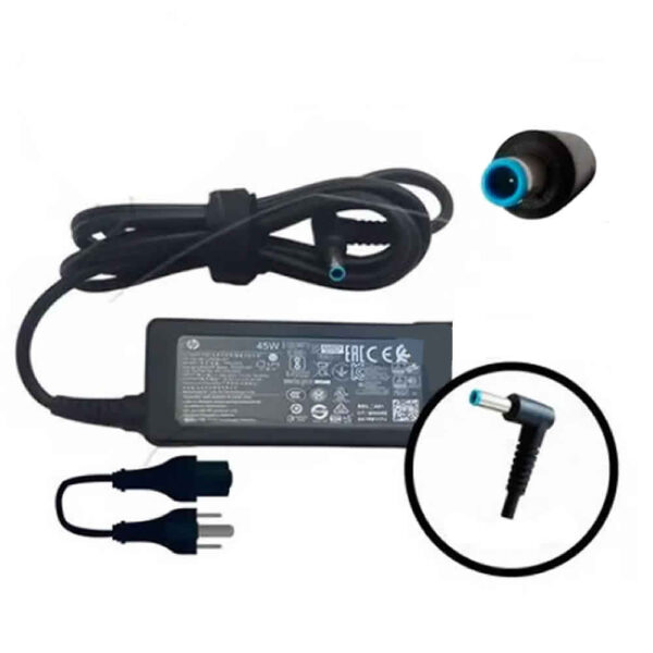 Fuente compatible para laptops HP con punta azul, salida de 19.5V 2.31A, ideal para modelos ligeros.