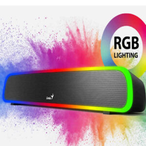 Barra de sonido Genius Sound Bar 200BT con conectividad Bluetooth, iluminación RGB y diseño compacto para escritorios modernos.