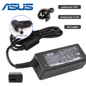 Cargador alternativo para ASUS de 19V y 3.42A con potencia de 65W, con conector de 5.5x2.5 mm, ideal como reemplazo.