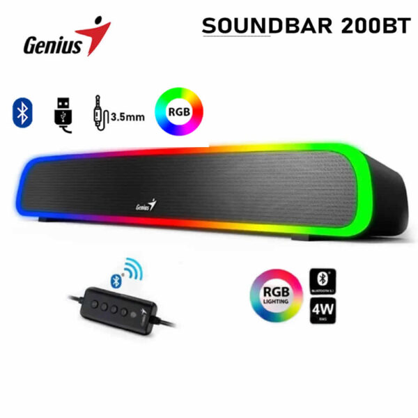 Barra de sonido Genius Sound Bar 200BT con conectividad Bluetooth, iluminación RGB y diseño compacto para escritorios modernos.