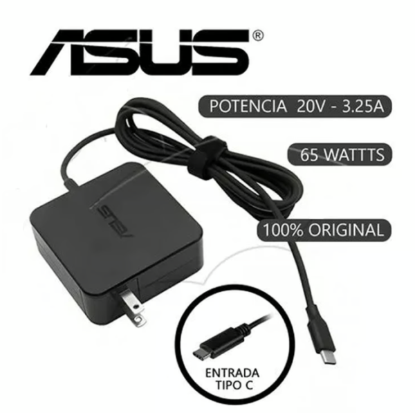Cargador original ASUS con conector USB Type-C, 20V 3.25A de 65W, compatible con laptops modernos y ultrabooks.
