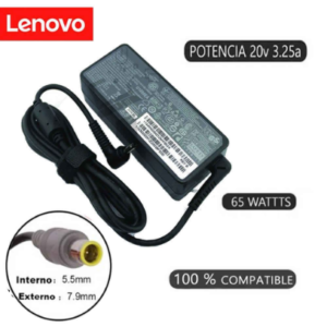 Cargador original Lenovo de 20V y 65W con conector amarillo de 7.9x5.5 mm, ideal para portátiles compatibles.