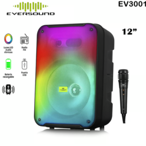 Parlante Eversound EV3001 Flaming de 12 pulgadas, potente sonido con diseño llamativo, ideal para eventos, reuniones o entretenimiento en casa.