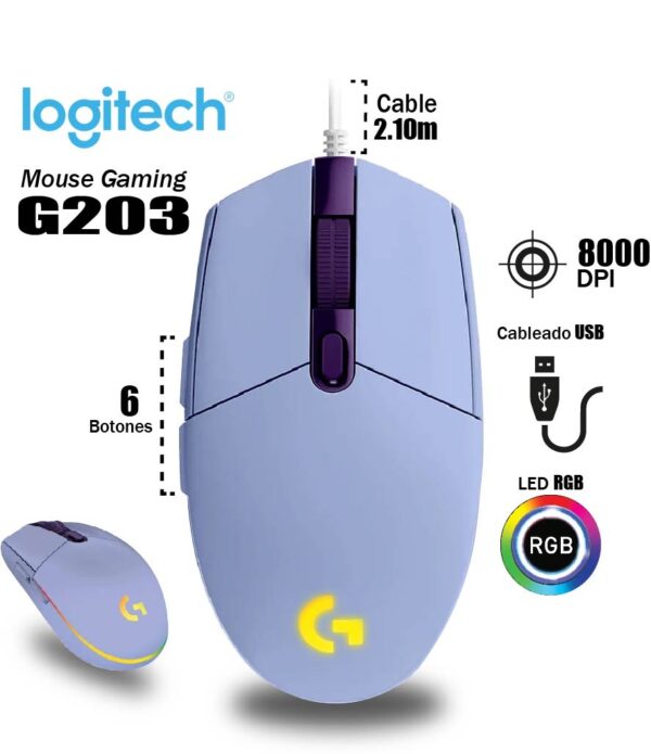 Mouse Gamer Logitech G203 LIGHTSYNC RGB Lila – 6 Botones