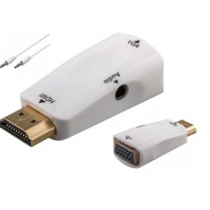 Adaptador HDMI a VGA color blanco, soporta resolución Full HD 1080p, ideal para conectar dispositivos modernos a pantallas VGA.