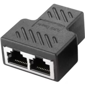 Adaptador RJ45 de un puerto a dos, compatible con cables Cat5 y Cat6, ideal para dividir la señal de red en ambientes domésticos u oficinas