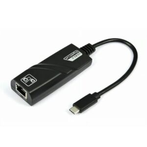 Adaptador de red USB tipo C macho a RJ45 hembra, permite conexión por cable Ethernet en dispositivos sin puerto LAN.