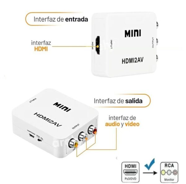 Convertidor HDMI a RCA HDMI2AV, transforma señal digital a analógica para conectar equipos modernos a televisores antiguos.